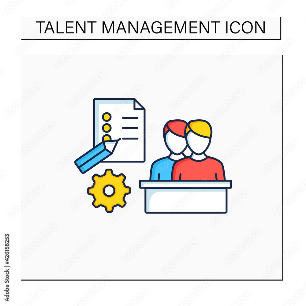 Employee survey color icon. Questionnaire to obtain opinions, reviews. Evaluate employee mood. Talent management concept. Isolated vector illustration