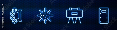 Set line Military mine, Brass knuckles, Naval and assault shield. Glowing neon icon on brick wall. Vector