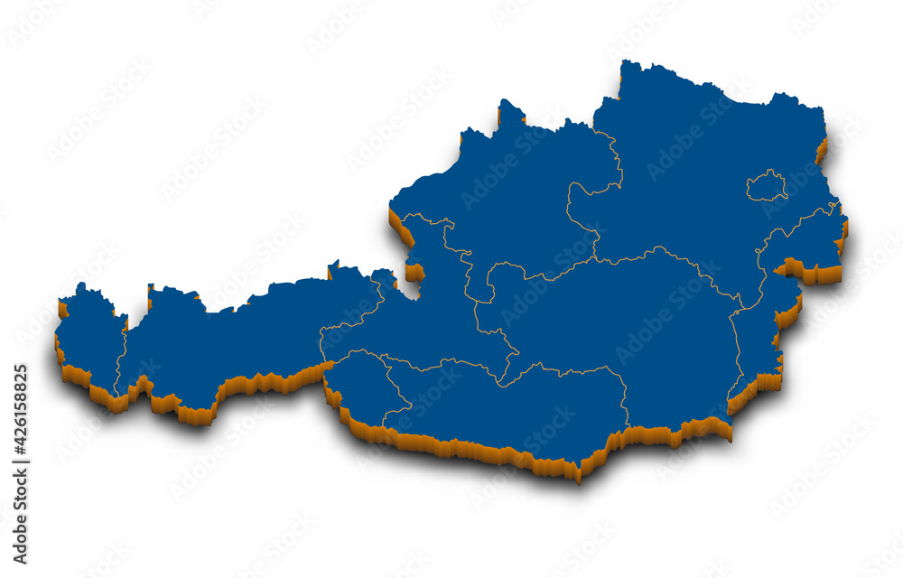 Fototapeta premium Austria map vector. High detailed administrative 3D map of Austria with dropped shadow. Vector blue isometric silhouette with administrative divisions. All isolated on white background