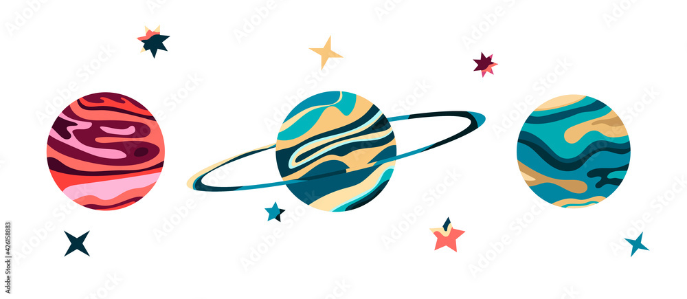 Vector Illustration Of A Space. Cosmic flat vector set with abstract planets and stars. Abstract illustrations for banners, posters, postcards