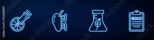 Set line Test tube and flask, Genetically modified orange, apple and GMO. Glowing neon icon on brick wall. Vector