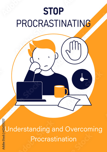 Stop procrastinating brochure.Ready to work. Minimize distractions template. Flyer, magazine, poster, book cover, booklet.Procrastination infographic concept.Layout illustration page with icon