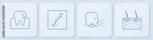 Set line Tooth with caries, Man coughing, Scar suture and Hair covering skin. White square button. Vector