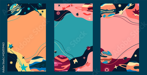 A set of abstract editable feed templates for stories and social networks, social media with abstract planets and stars. Vector cosmo frame for web posts, banners, news feeds.