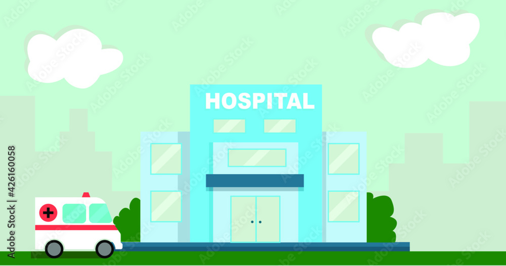 Medical concept with hospital building and ambulance car in flat style. Vector.