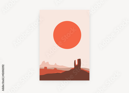 Desert landscape poster. Sun and mountain peakabstract scenery in pastel colors. Natural style vector background