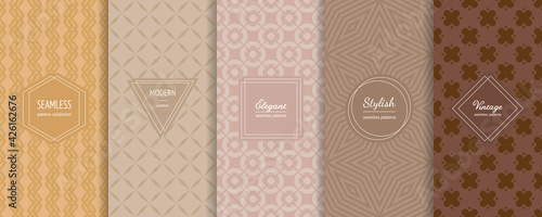 Geometric seamless patterns collection. Vector set of stylish pastel backgrounds with elegant minimal labels. Abstract modern ornament textures. Trendy nude color palette, yellow, beige, brown, latte