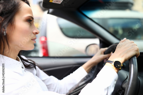 Young woman in a shirt sits at the wheel of a car © megaflopp
