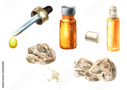 Ambergris, ambergrease, ambre gris or grey amber and essential oil set. Watercolor hand drawn illustration, isolated on white background photo