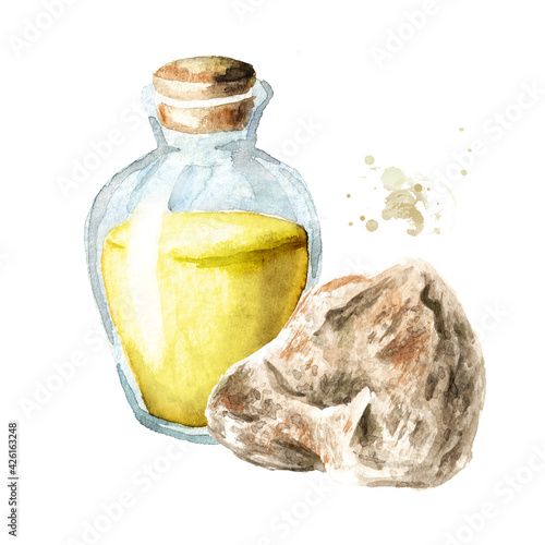 Ambergris, ambergrease, ambre gris or grey amber and essential oil. Watercolor hand drawn illustration isolated on white background photo