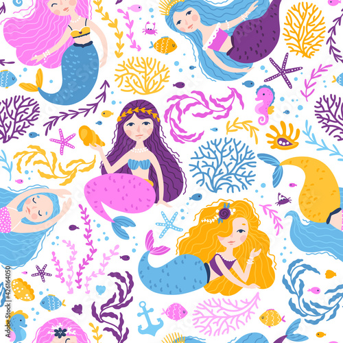 Mermaid seamless pattern. Vector illustrations of cute fantastic girls characters in a simple hand-drawn cartoon style surrounded by marine life  corals  seashells  algae. Colorful palette.