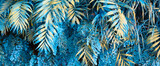 Wall with tropical plants. Nature blue background.