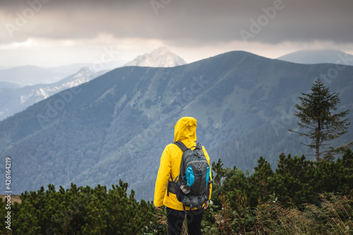 Hiker looking at mountain range. Woman wearing sports clothing during hike in mountains