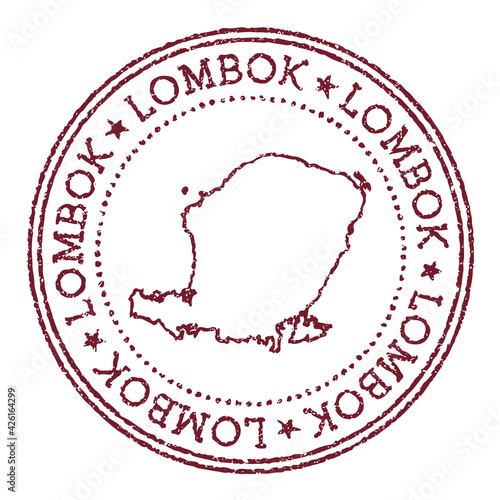 Lombok round rubber stamp with island map. Vintage red passport stamp with circular text and stars, vector illustration.
