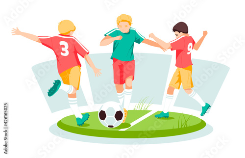 Boys kids playing soccer with ball on summer meadow. Happy kids playing football sport game together having fun. Children players cartoon characters. Sport and leisure. Flat vector illustration