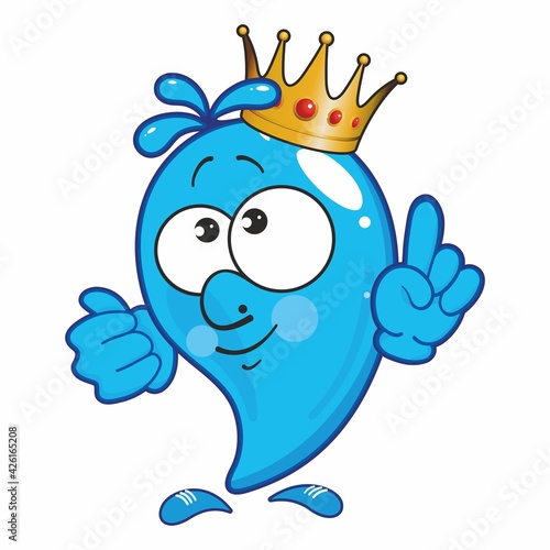 Drop in the crown, king of water. Water Drop Cartoon Mascot Character. Cute natural phenomena in cartoon style.