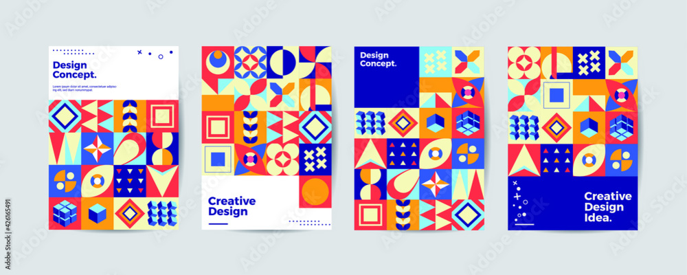 Colored neo geometric set of posters. Modern grid flyer with geometric shapes, geometry graphics and abstract background vector set. Company identity brochure template collection. Neo memphis. Vector