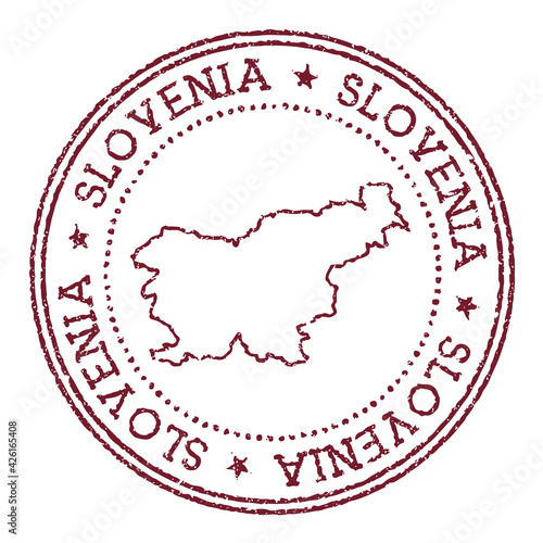 Slovenia round rubber stamp with country map. Vintage red passport stamp with circular text and stars, vector illustration.