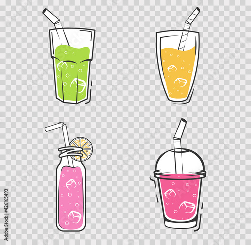 Smoothie set on transparent background. Cold drinks, summer shakes and cocktails. Superfoods and health or detox diet food concept in sketch style.