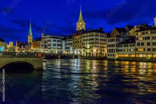 Night view of historic Zurich city center on summer, Canton of Zurich, Switzerland.