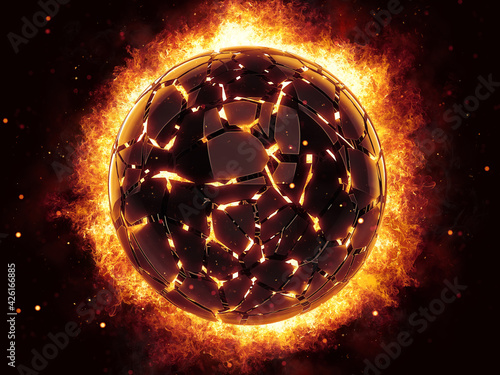 Glowing broken black sphere engulfed in fire and flames