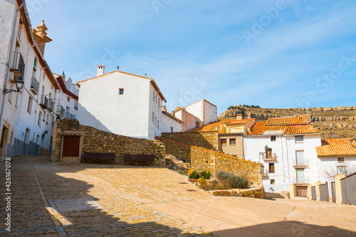 Ares del Maestrat (Maestre), Castellon province, Valencian Community, Spain. Beautiful historic medieval village on top of a hill. Maestrazgo natural and historical mountainous region.