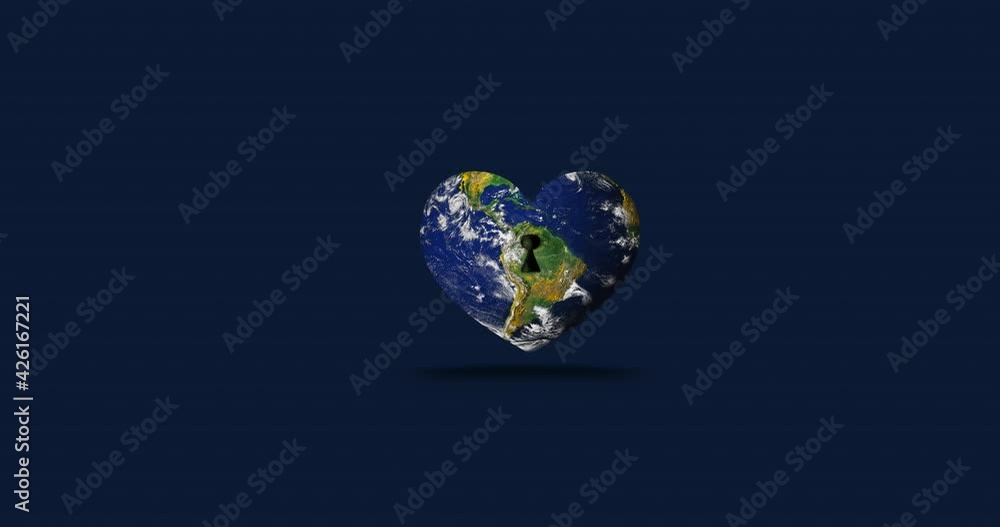 Animation of heart with keyhole formed with world map on blue background Animation of heart with keyhole formed with world map on blue background