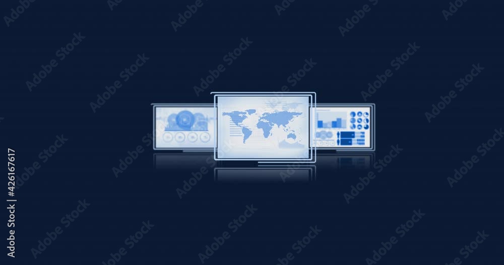 Animation of screens with world map and data processing on blue background Animation of screens with world map and data processing on blue background