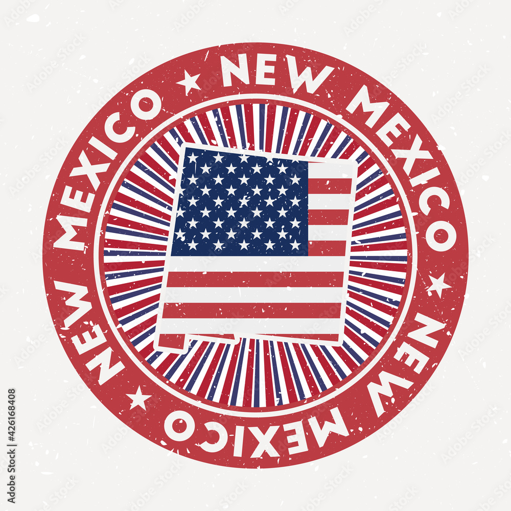 New Mexico round stamp. Logo of US state with flag. Vintage badge with circular text and stars, vector illustration. New Mexico round stamp. Logo of US state with flag. Vintage badge with circular text and stars, vector illustration.