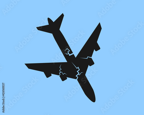Plane crash and aviation incident - damaged airplane and aircraft with crack is falling from the sky. Transport disaster and catastrophe. Vector illustration.