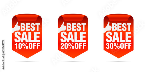 Red best sale badges set. Best choice. Sale 10%, 20%, 30% off. Vector illustration