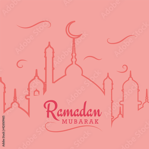 Ramadan Mubarak poster with mosque outline, vector