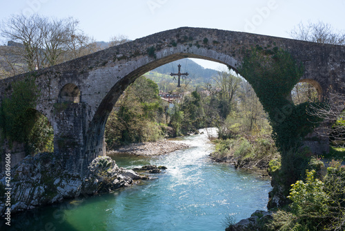 Beautiful bridge over Sella river at Cangas de Onis, Asturias. Roman bridge, sunny day and no people