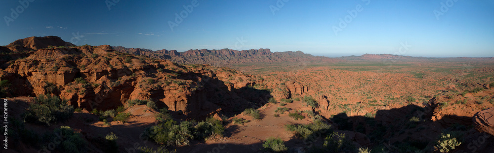 The arid desert in the early morning. Panorama view of the red canyon, sandstone and rock formations at sunrise. 