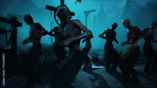 Scary zombies dance on a moonlit night in their eerie deserted city. The loopable animation for fantasy, creepy and fiction backgrounds. View of the dancing zombies.