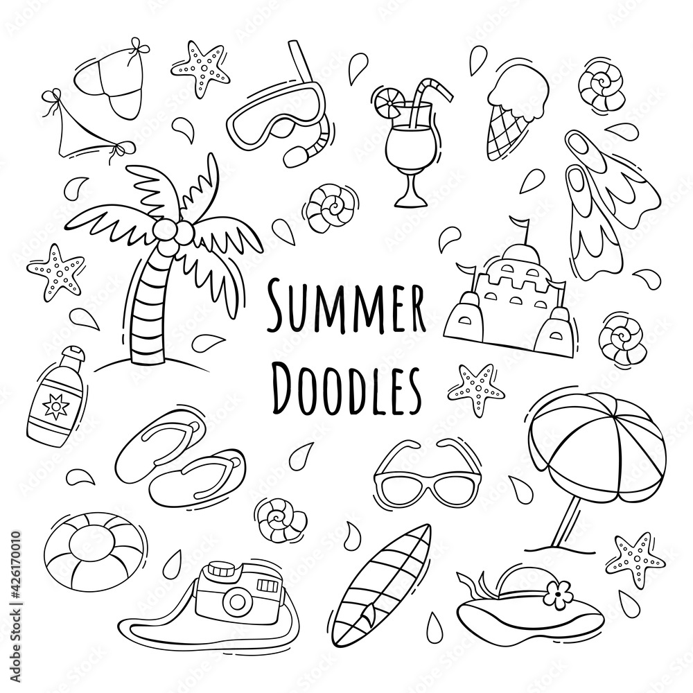 Hand drawn set of summer icons in doodle style. Vector illustration isolated on white background.
