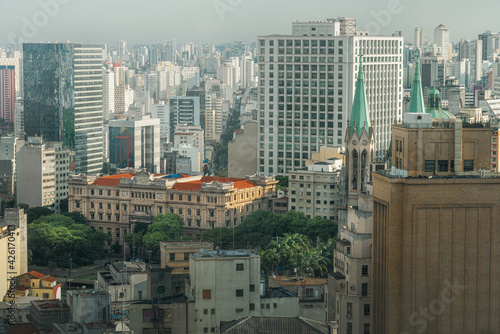 Aerial view of downtown Sao Paulo, Palace of Justice and Se Cathedral - Sao Paulo, Brazil