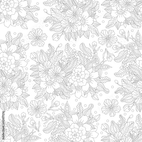 Monochrome doodle outline flower seamless pattern for adult coloring book. Vector hand drawn illustration. © Svetlanakras