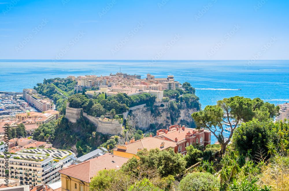 View of the rock and the village of monaco and monte carlo in the south of France