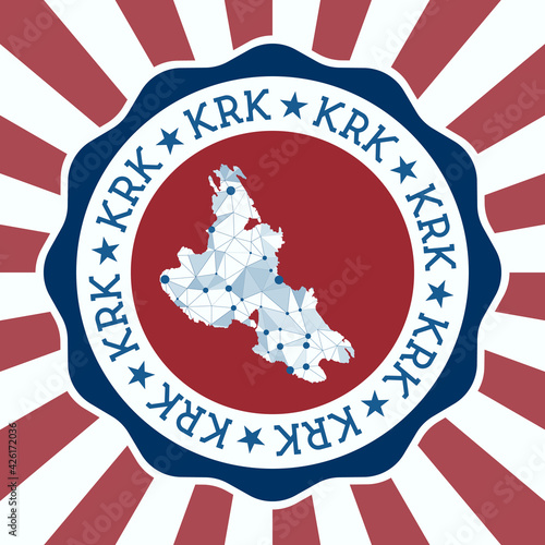 Krk Badge. Round logo of island with triangular mesh map and radial rays. EPS10 Vector.