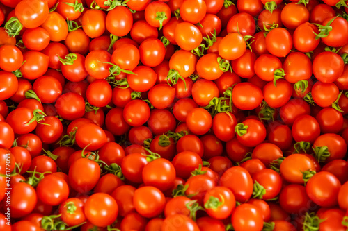 Group of tomatoes in turkish market in Antalia, Turkey. Red fresh tomatoes background