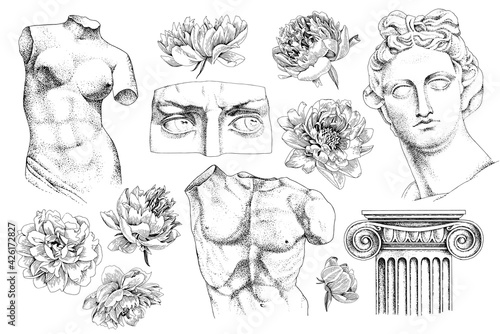 Set of hand drawn classical sculptures and flowers