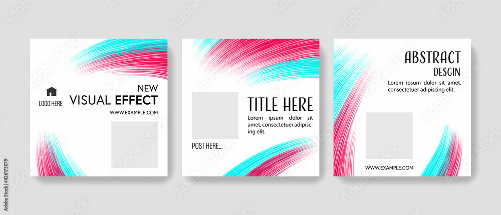Set of clean editable social media post templates with blue and red curved brush accent. Modern business banner graphics for online advert or facebook and instagram