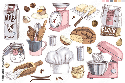 Kitchen tools and ingredients set.