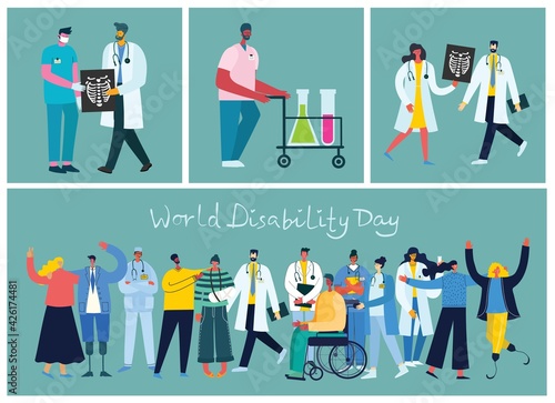 Vector background with disabled people, young handycap persons and friends near helping. World Disability Day.