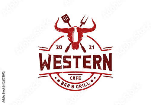 Buffalo, bottle, spatula and fork for bbq barbecue grill. Vintage western restaurant logo design