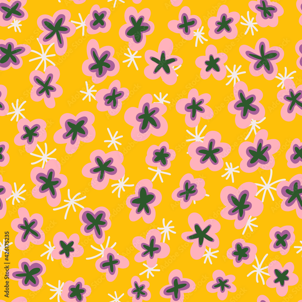 Abstract Doodled Flowers Seamless Repeat Pattern. Botanical elements all over print with yellow background.