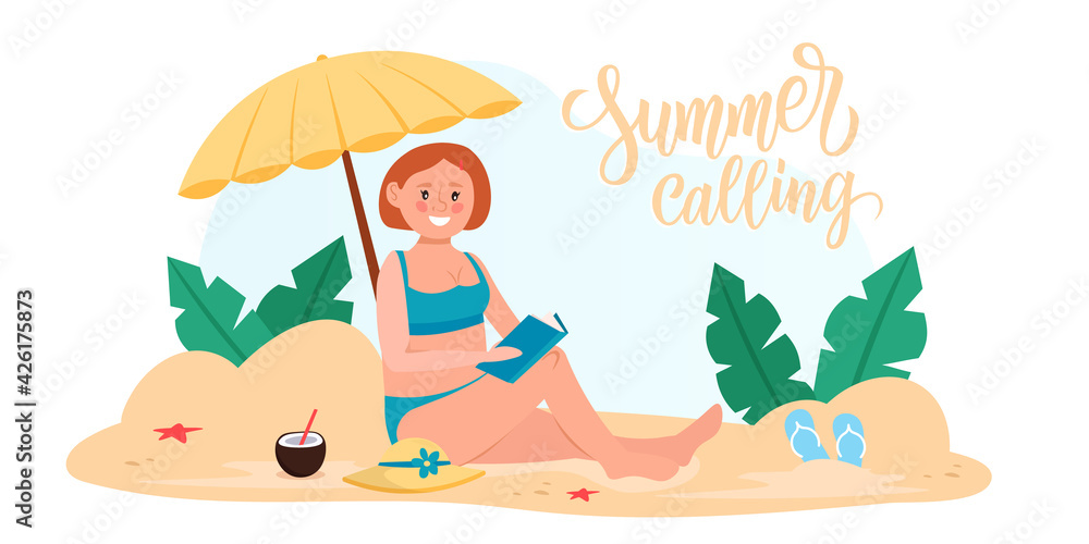 Woman in swimsuit sunbathing and enjoying summer vacation on the beach. Summer calling hand drawn lettering. Vector illustration.
