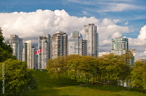 A view of sunny Yaletown from False Creek Sea walk. Downtown of Vancouver. Canada.