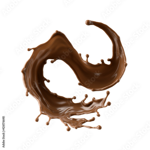 3d render, chocolate splash, cacao drink or coffee, splashing cooking ingredient. Brown beverage. Abstract wavy liquid clip art isolated on white background
